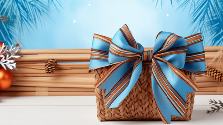 a wooden box adorned with pine cones and a blue holiday bow, featuring horizontal stripes in a cinema4d rendering. the luxurious fabrics in light amber and sky-blue create an elegant touch. the box is made of bentwood and showcases traditional balinese motifs. this stunning creation is a contest winner. ai generatedの素材
