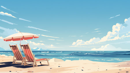 two beach chairs sit on the sandy shore, surrounded by a serene landscape. this animated illustration captures the essence of calmness and vintage poster design. with a resolution of 3840x2160, it is perfect for 2d game art or en plein air beach scenes. immerse yourself in the lively nature scenes depicted in this artwork. ai generatedの素材