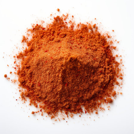 chili powder and orange flakes are showcased in this photo, isolated on a white background. the composition is reminiscent of the style of dan witz, featuring multilayered surfaces. the image captures intense shadows and vibrant, lively hues. influences from david chipperfield can be seen in the play of light, creating a captivating mix of light amber and red tones. ai generatedの素材