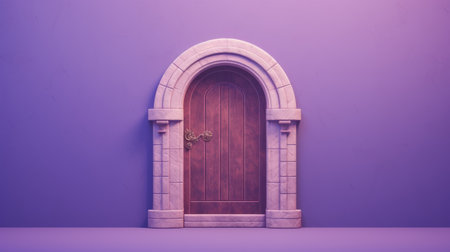 an ornate wooden door, rendered in a dark violet and light pink color scheme, showcases playful and dreamlike imagery. the flat perspective and contemporary take on medieval art create a unique visual experience. soft and rounded forms, along with a matte background, enhance the overall aesthetic. the door is adorned with found objects, adding an intriguing element to the composition. ai generatedの素材