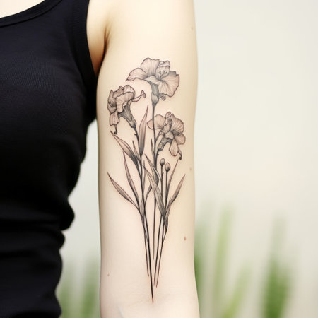 a black and white irises tattoo adorns the left forearm, featuring elegant outlines in the style of a digital print. inspired by the song dynasty's ink-washed art, the design showcases a transparent and translucent medium. meticulously executed with a feminine touch, this tattoo exhibits a meticulous technique. ai generatedの素材