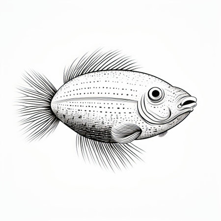 a vintage-style illustration of a fish, created in the pointillist optical mixing technique. the artwork showcases frontal perspective with light white and light black tones. meticulous lines and a tupinipunk influence add a raw vulnerability to the caricature-like illustration. ai generatedの素材