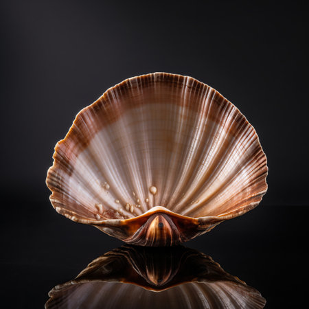 a shell rests on a reflective black surface, showcasing a captivating blend of light brown and bronze tones. this japanese photography-inspired image captures the essence of bombacore, with its intricate details and nature-inspired shapes. the wide-angle lens used adds a touch of baroque maritime charm to this uhd image. ai generatedの素材