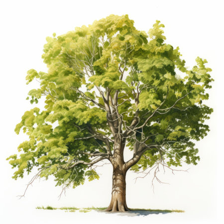 the photo features a tree with vibrant green leaves set against a clean white background. it is depicted in the style of plein-air realism, showcasing a harmonious blend of dark yellow and light indigo hues. the image captures the interplay of light and shadow, reminiscent of the hudson river school. the composition includes highly detailed figures, rendered in light red and light green tones. aiの素材