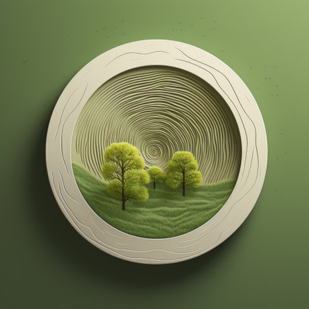 two trees, crafted in the style of organic sculpting, stand within a circular frame against a vibrant green background. this artwork showcases layered and atmospheric landscapes, detailed character illustrations, and simple yet colorful wood-inspired designs. the paper sculptures exhibit a meticulous attention to detail, achieved through focus stacking techniques. ai generatedの素材