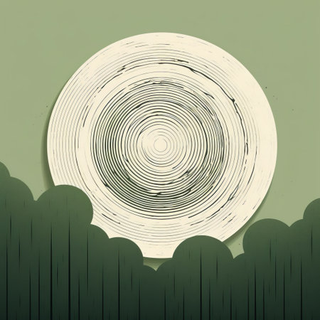 an illustration featuring a circular cut-out of a tree stump, surrounded by atmospheric clouds and layered lines. the artwork is done in a mid-century style, incorporating spirals and elements of chiaroscuro woodcuts. the color palette consists of light shades of white and green. ai generatedの素材