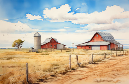 red barn surrounded by trees, depicted in the style of realistic watercolor paintings. the composition features high horizon lines, busy landscapes, and western-style portraits. the image captures the essence of prairiecore with its highly detailed environments and flattened perspective. ai generatedの素材