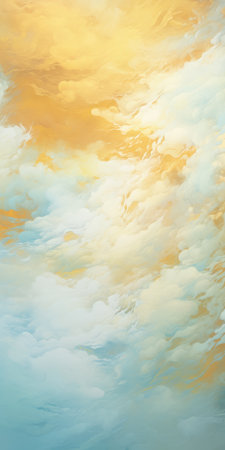blue and orange watercolor clouds create a dreamlike atmosphere in this photorealistic fantasy artwork. the yellow and beige hues add to the surreal ambiance, while digital art techniques enhance the realistic hyper-detail. the light white and gold tones, along with touches of teal, further enhance the overall aesthetic of this captivating piece. ai generatedの素材