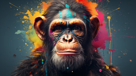 a primate showcasing vibrant paint splashes behind its face, combining elements of realism and fantasy. this innovative portrait captures bold saturation and photorealistic details. inspired by junglepunk and graffiti, it merges cross processing techniques with ragepunk aesthetics, resulting in a visually striking depiction of an animal. ai generatedの素材