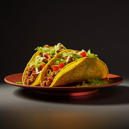 two delicious tacos filled with tender shredded chicken and topped with fresh green onions are beautifully captured in this black and white stock photo. the image, styled in uhd with a colorized effect of dark orange and red, showcases the mouthwatering dish under softbox lighting. this installation-based photo, enhanced with rtx technology, resembles a stunning national geographic shot. ai generatedの素材