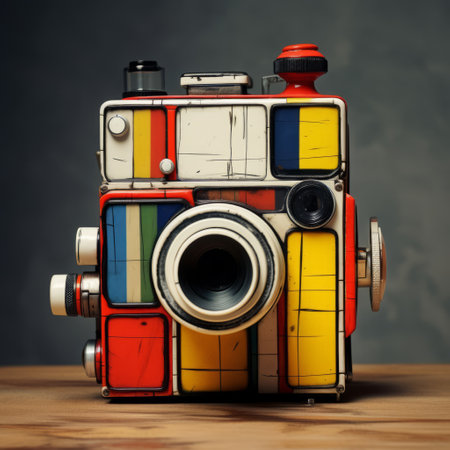 a colorful camera sits atop a stack of vibrant, vintage-inspired blocks. the light yellow and dark red hues create a striking color splash, while bold lines add to its visual appeal. this unique still life captures a consumer culture critique through restored and repurposed colorful woodcarvings. ai generatedの素材