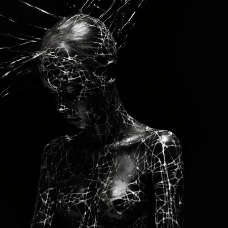 abstract black and white wire sculpture of a face, resembling the style of zbrush. intricate body-painting and dark matter art influence the feminine sculpture. this national geographic photo showcases a futuristic cyberpunk aesthetic with a realistic depiction of light. ai generatedの素材