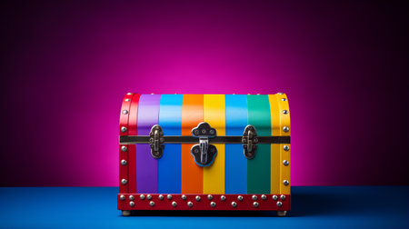 a colorful treasure chest is showcased against a vibrant background, reflecting the artistic style of homosexual themes. this visually striking photo captures the essence of bess hamiti's daring experimentation, with softbox lighting enhancing the color-streaked, matte effect. inspired by daniel buren's artistic vision, this image is a captivating display of creativity and boldness. ai generatedの素材