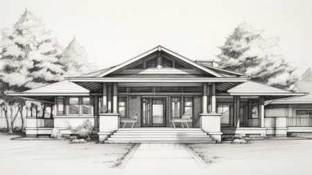 a photorealistic sketch of an asian-inspired wood frame house design is depicted in this image. the soft atmospheric perspective adds depth to the classic americana style, with a color palette of gray and bronze. the panoramic scale and high dynamic range enhance the overall visual impact of the sketch. ai generatedの素材