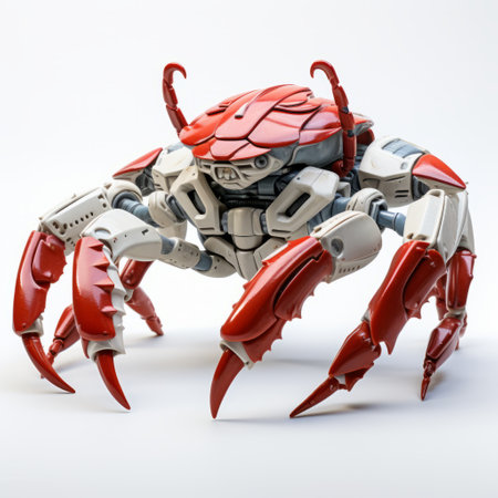 the computer model depicts a hyper-realistic animal illustration of the crab m20 robot model 4. the image showcases a low depth of field, with a captivating combination of light crimson and white colors. inspired by marvel comics and bombacore aesthetics, this uhd image beautifully captures the intricate details of the robot, perfectly blending the realms of technology and nature in a mesmerizing mori kei style.の素材