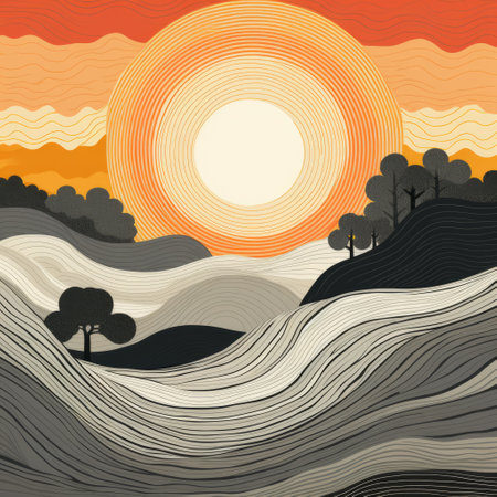 the painting depicts a serene sunset scene with rolling hills and trees. it is created in the style of linear illustrations, featuring monochromatic graphic design with light orange and dark gray tones. the composition is multilayered, showcasing whimsical folk art illustrations. the artwork is characterized by smooth and curved lines, adding a touch of elegance to the overall illustration. ai generatedの素材