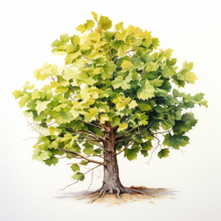 a white painted image of a tree with leaves, resembling a realistic watercolor painting. the meticulously detailed still life showcases dark yellow and light green hues, capturing the realist detail of the tree's radiant clusters. this artwork showcases the artist's talent for detailed character illustrations and realistic landscape paintings. ai generatedの素材