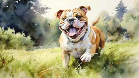 an english bulldog is depicted in this watercolor painting, captured in a portrait style. the dog is shown running in a meadow, with a realistic and figurative approach to the artwork. the painting is in 32k uhd resolution and showcases a punctuated caricature of the bulldog. the artist has skillfully portrayed the joyous and playful expressions of the dog, resulting in a strong facial expression.の素材