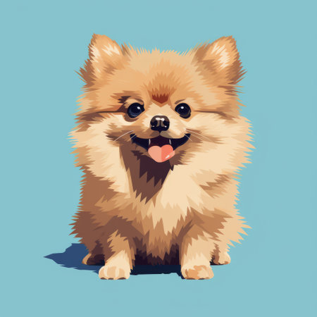 a small pomeranian dog is depicted in this stylized illustration. the post-processing technique used adds accuracy and intricate details to the artwork. the dog is portrayed against light maroon and sky-blue flat backgrounds, creating a visually appealing contrast. the illustration showcases a hyper-realistic oil effect, while maintaining simplistic character designs. ai generatedの素材