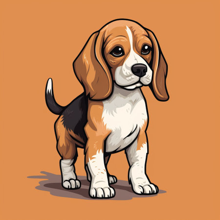 the little beagle puppy stands in a simplified and stylized portrait, showcasing a strong facial expression. with its dark orange and white coat, the puppy exudes warmth and charm. this comic art-inspired image captures the essence of the beagle's personality, making it a perfect addition to the cartelcore aesthetic. the realistic color schemes further enhance the overall appeal of this adorable canine portrait. ai generatedの素材