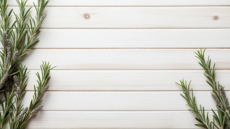 a single rosemary clip is elegantly placed on a wood background in this minimalist-style photo. the composition features striped elements, with a light white and white color scheme. the image evokes tropical symbolism and utilizes narrative paneling. this high-resolution 32k uhd photo showcases a neo-geo minimalism aesthetic. ai generatedの素材