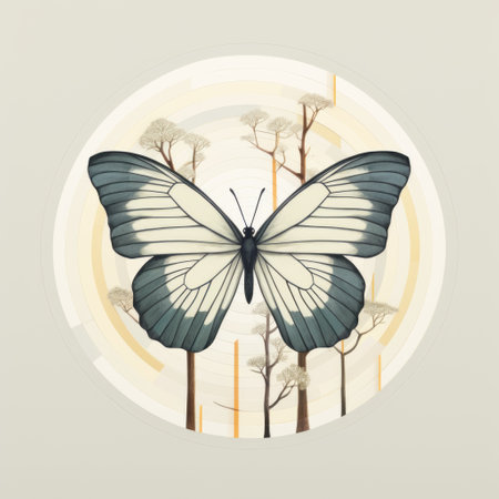 a butterfly in the woods illustration showcasing pristine geometry and realistic landscapes. the artwork features soft, tonal colors such as light beige and dark aquamarine, with circular shapes adding a touch of elegance. the illustration is characterized by light gray and amber tones, making it perfect for editorial illustrations. ai generatedの素材