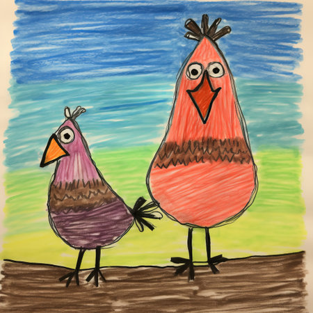 children's drawing of two birds, inspired by the vibrant pink and orange color palette of stephen hillenburg's artwork. this northwest school-style illustration combines elements from artists rashad alakbarov, kinuko y. craft, and the prairiecore movement, resulting in a unique blend of grit and grain. ai generatedの素材