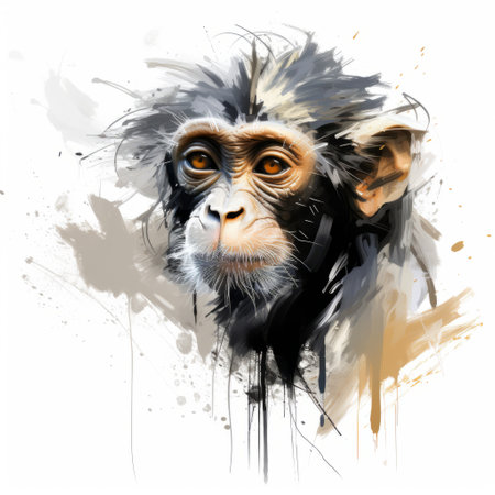 a chimpanzee, adorned with watercolor splatter, showcases a unique blend of conceptual digital art. this uhd image captures the essence of white and bronze tones, employing digital art techniques to create a striking visual. inspired by mbole art, the chimpanzee's caricature faces and high-contrast realism add depth and intrigue to this captivating artwork. ai generatedの素材