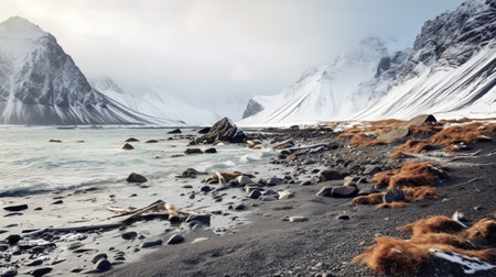 a stunning landscape photograph of iceland in winter captured by caroline miller flik. the image showcases the dark navy and light brown color palette, reminiscent of the icelandic winter. with cryengine technology, the richly detailed backgrounds come to life in 32k uhd resolution. the light gray and emerald tones beautifully complement the romantic riverscapes, while the intricate background elements add depth and interest to theの素材