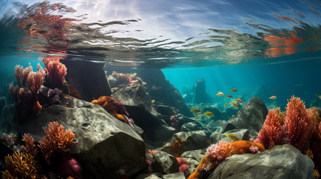 colorful plants and stones adorn the rim reef in the pacific ocean. this captivating photo, captured by alex taylor in the style of bjarke ingels, showcases photorealistic accuracy and immerses viewers in the vibrant underwater environment. shot with a hasselblad h6d-400c, the image beautifully captures the intricate details of the reef's flora and the mesmerizing colors of the surrounding ocean. ai generatedの素材