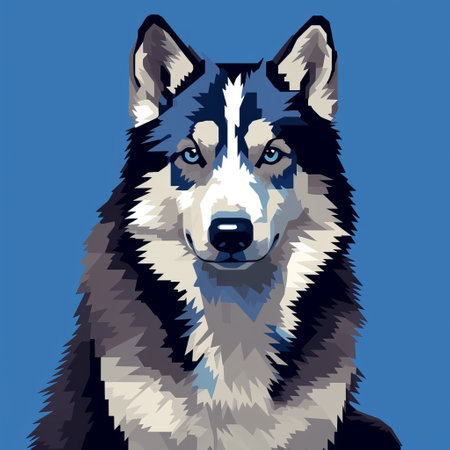 a husky, depicted in the style of pop art illustrations, stands against a vibrant blue background. the dark palette enhances the realistic portrayal of the animal, while the flat color blocks create a visually striking composition. this artwork draws inspiration from native american, first nations, and alaska native art, as well as 2d game art and hard-edge painting techniques. ai generatedの素材
