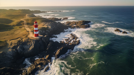 a stunning landscape of a solitary lighthouse on a cliff by the sea, the sun setting on the horizon, the calm and serene ocean reflecting the warm colors of the sky, the soft mist enveloping the lighthouse, detailing every texture and detail. photography, 24mm wide-angle lens. ai generatedの素材