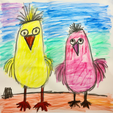 a child in sydney showcases their artistic talent by drawing two vibrant chickens in bright colors. the style of the artwork is reminiscent of the spiky mounds and vibrant hues often seen in the works of matt groening, mandy disher, and stephen hillenburg. the influence of the barbizon school can also be observed, adding a touch of sophistication to the depiction of these exotic birds.の素材