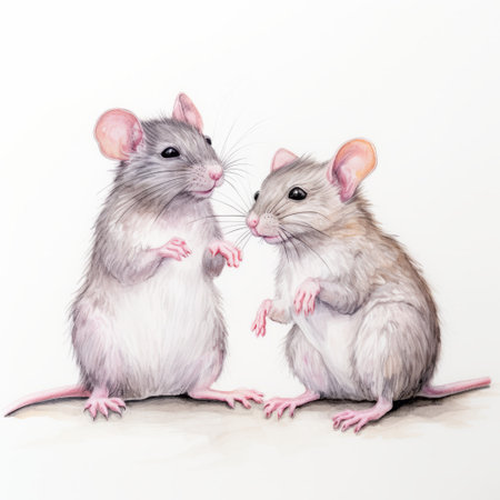 two small rats, pink and gray in color, are depicted sitting next to each other at the edge of a white background. this animated illustration, created in the style of a realistic portrait painter, showcases vibrant caricatures of the rats. the artwork is done using gouache and was commissioned for a specific purpose. ai generatedの素材