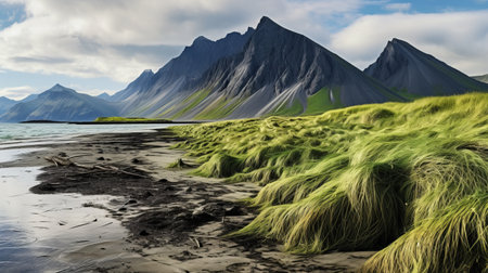 a small town on the coast in iceland, embraced by lush grass and majestic mountains. this photo captures the essence of photo-realistic landscapes with its organic flowing forms and a color palette of dark silver and light green. the zeiss batis 18mm f2.8 lens beautifully portrays the spiky mounds and the saturated color scheme adds to the realistic and detailed rendering of this captivating scene.の素材