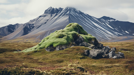 a mountain covered in vibrant green grass stands tall in the center of the photo. the intense color fields, captured with a voigtlander heliar 15mm f45 lens, create a striking visual effect. the organic stone carvings blend seamlessly with the nature-inspired camouflage. the light green and silver tones add to the overall vibrancy of the image. shot on 70mm film. ai generatedの素材