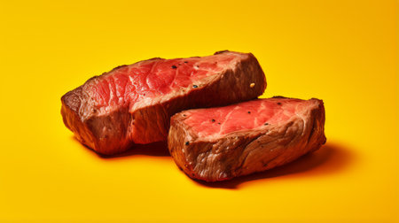 a piece of fatty beef meat is showcased on a vibrant yellow background in this hyper-realistic portrait-style photograph. the backlit lighting adds depth and intensity to the explosive pigmentation of the meat. the raw versus finished concept is captured beautifully, with eye-catching detail and bold figuration. shot on kodak ultramax film, this photograph is a stunning display of culinary artistry. ai generatedの素材