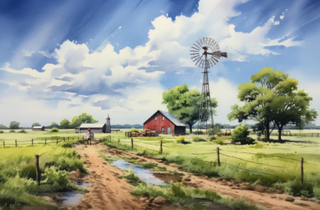 a scenic country painting featuring a windmill atop a farm, surrounded by lush trees. this artwork draws inspiration from anime art, showcasing realistic color schemes reminiscent of mike ploog's watercolor illustrations. the picturesque landscape combines elements of xbox 360 graphics and prairiecore aesthetics, evoking the artistic style of stephen shortridge. ai generatedの素材