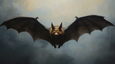 a realistic and detailed painting capturing a bat gracefully soaring through space. the dark bronze and yellow hues add depth and intensity to the artwork. this piece showcases the artist's skill in rendering animals with precision, reminiscent of precisionist art. the manticore, a mythical creature, is beautifully portrayed in this nabis-inspired composition. ai generatedの素材