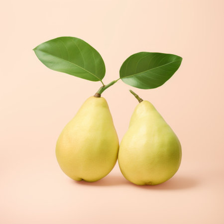 pears with leaf isolated on background, featuring a green light color reminiscent of carl kleiner's style. the composition incorporates light yellow and light pink hues, inspired by rinko kawauchi's work. this image beautifully combines natural and man-made elements, showcasing soft-focus, organic designs reminiscent of traditional chinese aesthetics. ai generatedの素材