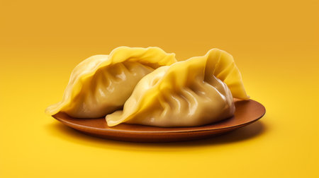 three fried dumplings are beautifully presented on a vibrant yellow plate. this hyper-realistic image, created using cinema4d by artist mike campau, showcases the smooth lines and attention to detail. the dumplings are expertly wrapped, exuding a mouthwatering appeal. the composition evokes elements of angura kei, while the dumplings themselves appear slightly soggy, adding to their authenticity. ai generatedの素材