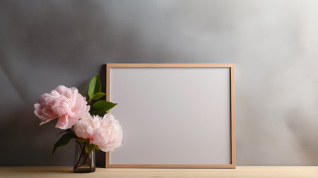 empty photo frame with pink carnations in vase on a metal desk in a home decor shop. the frame is in the style of dark gray and light beige, complementing the minimalist backgrounds. the overall aesthetic is characterized by academic painting, wood accents, subtle gradients, and minimalist spare simplicity. the use of screen tones adds depth and visual interest to the composition. ai generatedの素材