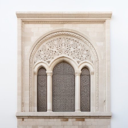 islamic portico by marcel moraski in zagreb, barcelona, malta, spain, and algeria. this stunning photo captures the intricate details of the portico's white background and subtle surface decoration. taken with a nikon d750, the mastery of panel composition and the inclusion of biblical motifs make this image a true work of art. windows vista adds a touch of elegance to the overall composition. ai generatedの素材
