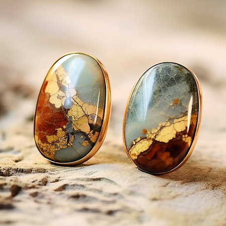 a pair of stud earrings featuring light sky-blue and dark amber stones. the topographic photography captures the blurry details, showcasing a mesmerizing combination of dark beige and gold. the transcendent nature of the earrings is enhanced by the dark green and gold tones, making them a captivating choice for any occasion. this tabletop photography beautifully showcases the intricate design and stunning color palette of theseの素材