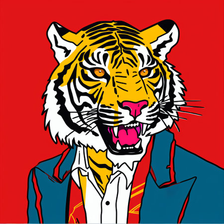 a man in a suit sits confidently in a kitchen, perched atop a tiger. this pop art-inspired photo features vibrant flat colors against a striking red background. the celebrity portrait captures the man's strong facial expression, while the linear outlines add a graphic street art touch. the hyperrealistic wildlife portrait of the tiger adds depth to the composition. this image is part of the captivatingの素材