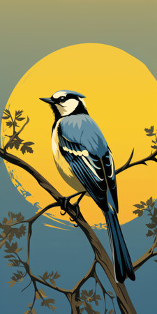 blue jay perched on tree branch: a stunning image capturing the beauty of a blue jay, adorned in vibrant shades of blue, perched gracefully on a tree branch. the yellow and black color scheme adds a striking contrast, while the illustrative storytelling style and touch of poetcore evoke a sense of enchantment. with a medievalist aesthetic and vintage feel achieved through ferrania p30 film, thisの素材
