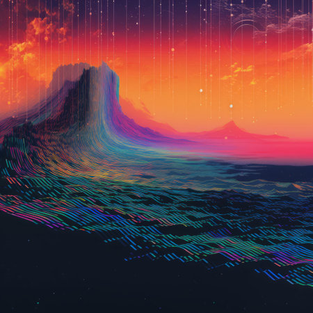 a colorful painting featuring a sunset backdrop, showcasing the artistic style of data visualization, acidwave, grandiloquent landscapes, and nostalgic illustration. the low resolution adds a touch of nostalgia, while the flowing lines create a mesmerizing effect. ai generatedの素材
