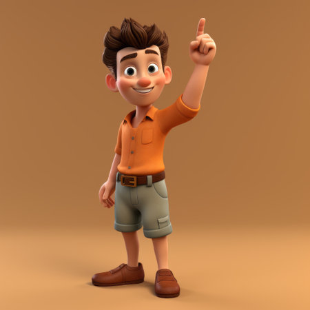 a 3d cartoon character, rendered in maya, is depicted pointing upwards. the character is designed in a realistic and hyper-detailed style, with warm tones and tonal sharpness. with a handsome appearance and child-like innocence, this character captures attention and adds a touch of charm to any project. ai generatedの素材