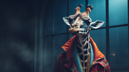 a stylishly dressed giraffe wearing balenciaga clothing, featuring ukrainian symbolism, is showcased in this photorealistic photograph. the image is enhanced with color grading and studio lighting, presented in a full shot format. additionally, it is available as an nft in ar 2:3 format. ai generatedの素材