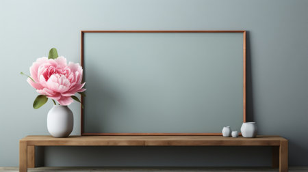 peony vase and blank frame sit beside a wooden bench on a dark gray background in this minimalist stock photo. the design features clean lines and a color palette of gray and aquamarine, creating an eye-catching contrast. tang yau hoong's 4k image showcases the use of screen tones and captures the beauty of simple yet captivating details. ai generatedの素材